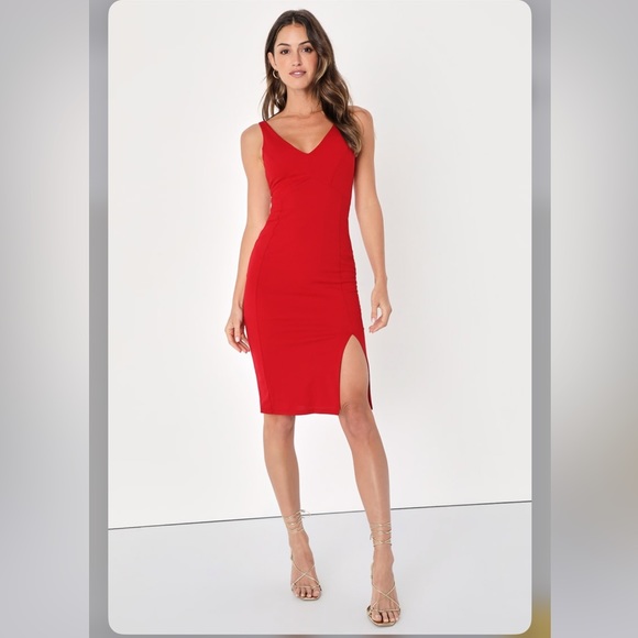 A - Lulu’s Iconic Moment Red Bodycon Midi Dress - Picture 6 of 7